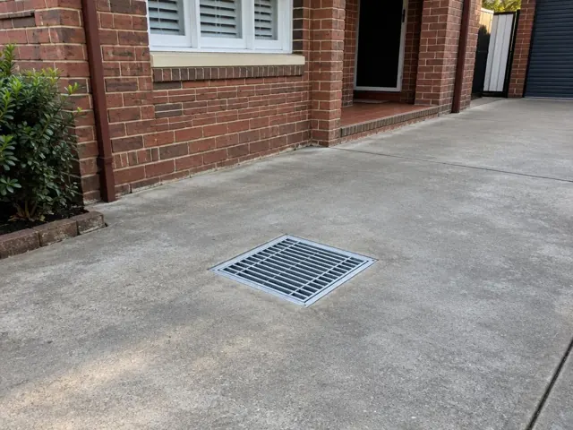 Clean outdoor drain grate set in a concrete driveway beside a brick home in Gordon