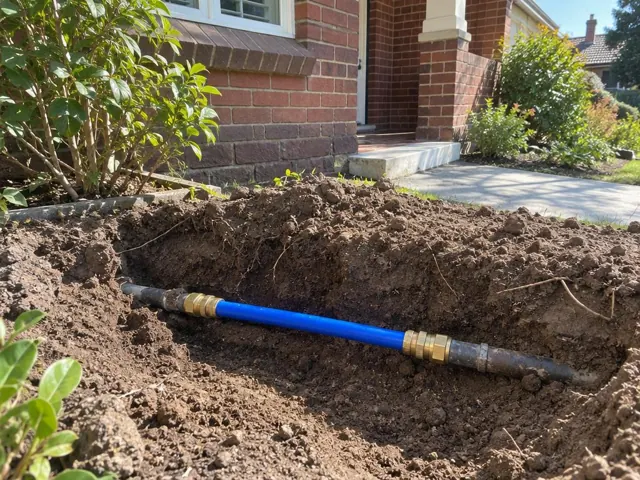 Excavated yard trench with a repaired blue water pipe beside a brick house in Killara