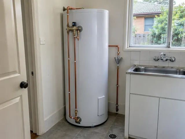 White hot water tank beside a kitchen sink and tiled window wall in a home in Pymble